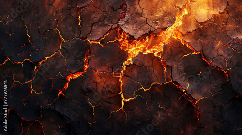 Close-up of cracked earth emitting a fiery glow, impressionistic,