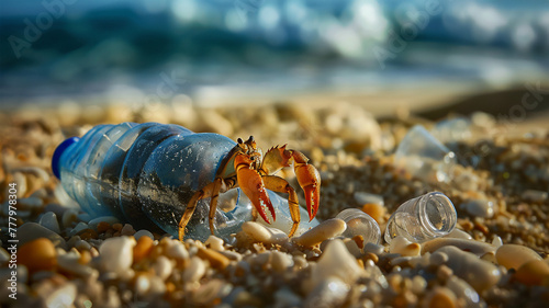 An oceanside crab hiding among plastic trash, symbolizing the impact of pollution on marine life and coastal ecosystems
