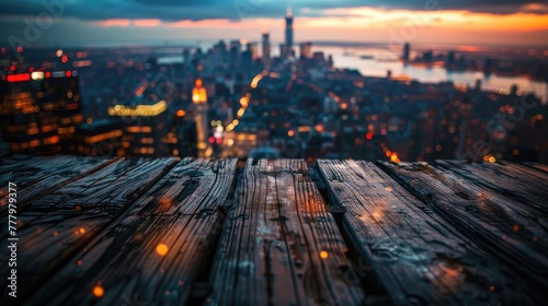 City skyline at sunset with wooden terrace and bokeh lights