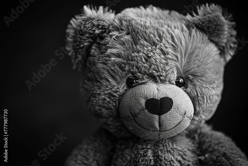 A black and white portrait of a mischievous teddy bear, with a single button eye winking at the viewer.