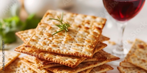 A close-up of matzo crackers paired with a glass of red wine, symbolizing Jewish tradition and the ritualistic meals of Passover.