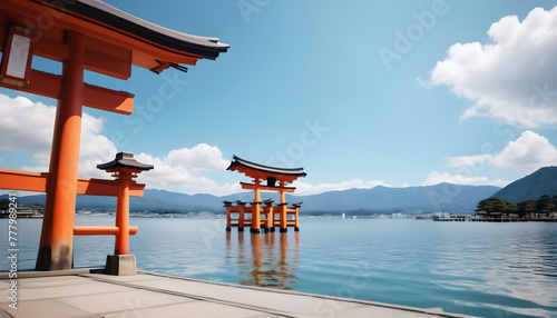 Torii gate of Shinto shrine in Miyajima, Japan. Generative AI