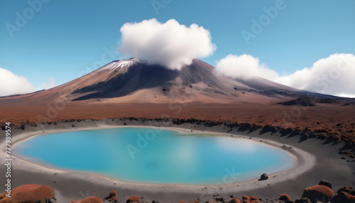 Volcanic landscape with blue lagoon in the middle of the volcano. Generative AI