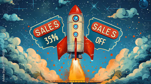 A cartoon rocket with the text "SALES 35% OFF" in white on it, blasting off from a launch pad.