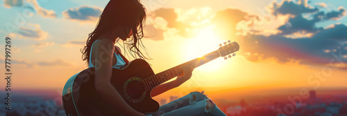 Silhouette of a girl with guitar with in an evening, Sunset Musician with Acoustic Guitar 