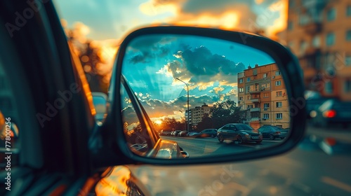 an image in the rearview mirror of a car, clouds in the mirror
