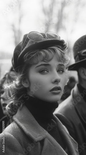 A Black-And-White Image of a Stylish Woman With Sunglasses Perched Atop Her Head, Channeling The Classic Chic Of The Beatnik Movement