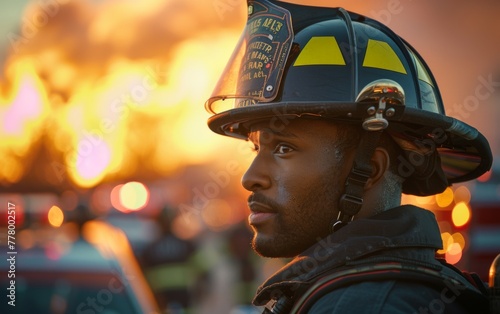 A firefighter is standing in front of a fire, wearing a helmet and a black jacket. The scene is set in the evening, with the sun setting in the background. The firefighter appears to be focused