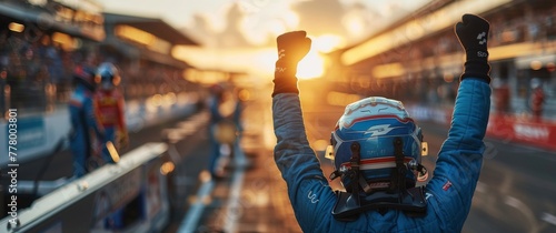 A man in a racing suit is celebrating his victory on a race track. The sun is setting in the background, casting a warm glow over the scene. The man is wearing a helmet and gloves