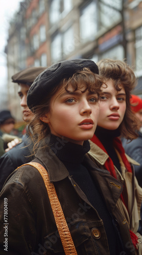 A Group of Young Adults in Classic Berets Showcase a Charming Tableau Against the Urban Tapestry of The City