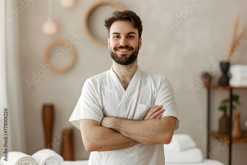 Professional male masseur ready for appointment in spa