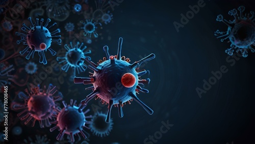 3D Spherical Viruses. microscope. Concept of viral infection, microbiology and virology. Virus background with copy space.｜3D球状ウイルス。顕微鏡。ウイルス感染、微生物学、ウイルス学の概念。 コピー スペースを持つウイルスの背景。