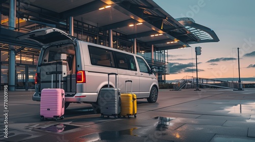 a minibus with the rear door open in front of an airport terminal. Pink, yellow and silver suitcases sit next to the vehicle as passengers prepare for the trip.