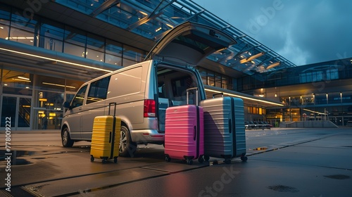 a minibus with the rear door open in front of an airport terminal. Pink, yellow and silver suitcases sit next to the vehicle as passengers prepare for the trip.