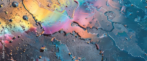 Oil stains from leaks in the car engine. Oil after rain makes spots with rainbow reflections refractive sun spectrum. Beautiful color mosaic, abstraction, ecology
