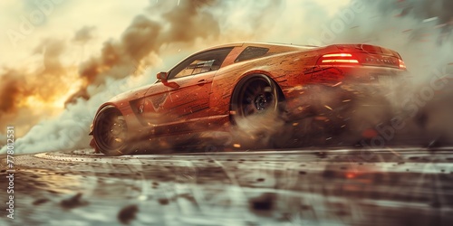 A sports car drifts around a corner while emitting smoke. Generative Ai