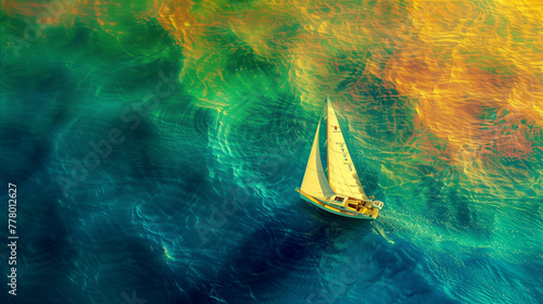 minimalism and surreal illustration, aerial view, top view, thin sailboat floating on the lake
