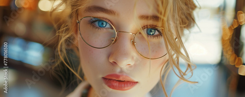 Close-up of young woman with blue eyes and glasses.