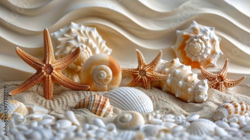 Assorted seashells and starfish arranged in a meticulous pattern on sandy beach texture, capturing the essence of marine life.