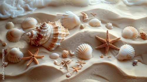 Assorted seashells and starfish arranged in a meticulous pattern on sandy beach texture, capturing the essence of marine life.