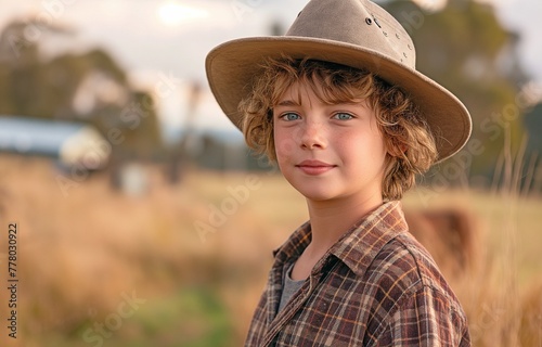 In a rural pasture stands a teenage farm child wearing an akubra hat.