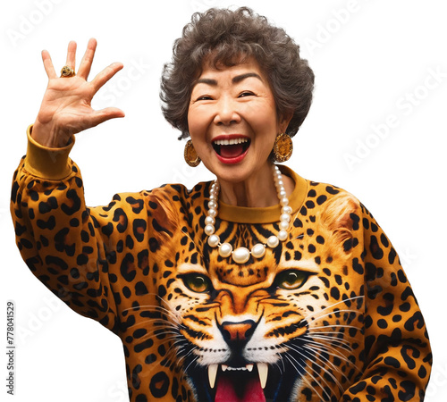 Osaka’s auntie wearing a leopard print sweatshirt isolated on a transparent background.
