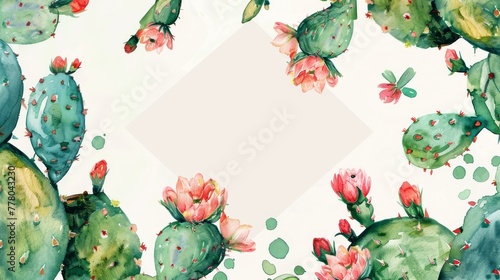 Watercolor cactus flower wreath in a pentagon frame, simple bright backdrop,