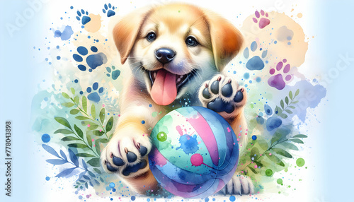 for advertisement and banner as Paws and Play A joyful pup playing with a watercolor ball. in watercolor pet theme theme ,Full depth of field, high quality ,include copy space on left, No noise, creat