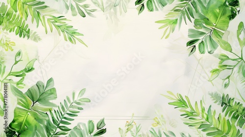 Watercolor fern wreath inside an octagonal frame, bright and simple backdrop,
