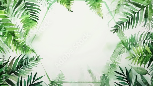 Watercolor fern wreath inside an octagonal frame, bright and simple backdrop,