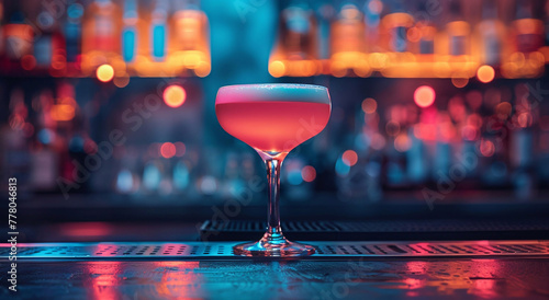 Cold alcoholic pink sour cocktail on bar counter in night club.Macro.AI Generative.