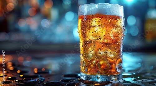 Glass of fresh cold lager craft beer on old bar counter background.Macro.AI Generative.