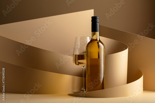 Bottle and glass of white wine on a beige background.