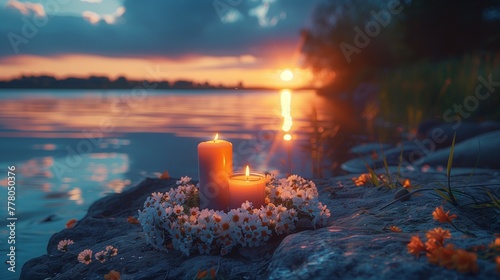A landscape featuring a sunset over a lake, with a daisy flower wreath and candles placed on the lakeshore.