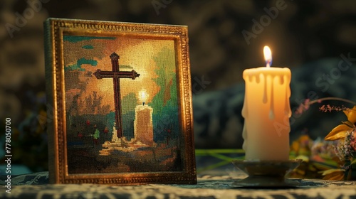 cross stitched picture with candle and cross depicted in it is on the table with a burning candle. 
