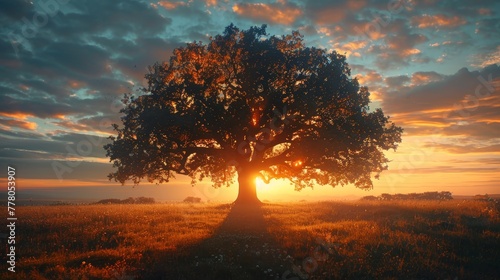A large tree is in the foreground of a field with a beautiful sunset in the background. The tree is surrounded by a field of grass, and the sky is filled with clouds. The scene is peaceful and serene