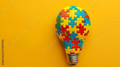 Light bulb made of colorful puzzle pieces on yellow background.
