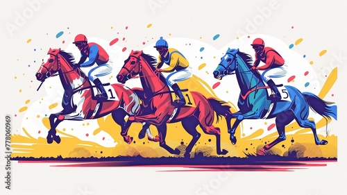 Three jockeys are shown rushing with their horses in this flat, bright vector illustration of a horse racing competition.