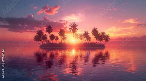 Vector of Palm Trees on and Island at Sunset.