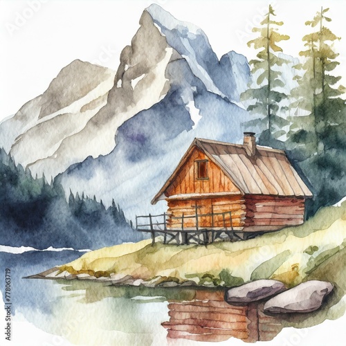 Namalowana chatka w górach obraz ilustracja