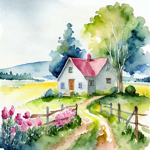 Namalowany dom na wsi obrazek