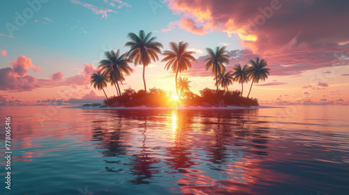 Vector of Palm Trees on and Island at Sunset.