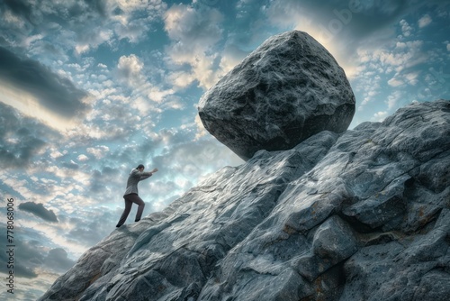 businessman pushing huge rock up the hill