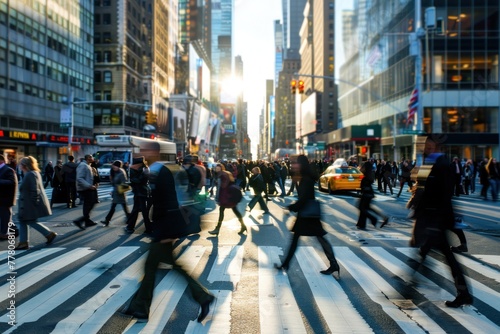 The energy of business people crossing a bustling city street