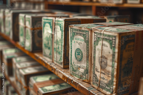 Stacks of Dollar Bills on a Shelf in a Store