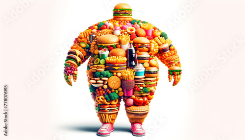A human figure made of various fast foods on a light background, representing the concept of obesity and unhealthy eating habits. Generative AI