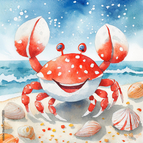 Namalowany uśmiechnięty czerwony krab na plaży ilustracja