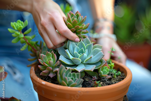 Woman planting succulent plant into new pot.