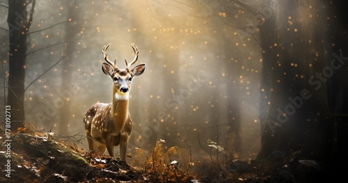mixed media photography, fusing photography and digital art, ethereal a doe deer in a forest, an indefinite light, and a beautiful, calm tone