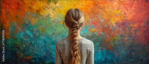 a woman with a fishtail braid standing in front of a colorful painting of a woman's hair in a fishtail braid.